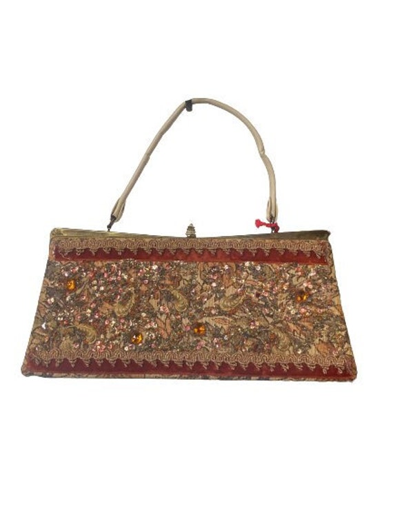 Vintage 60s Beaded Upholstery Bag Floral Pattern … - image 1