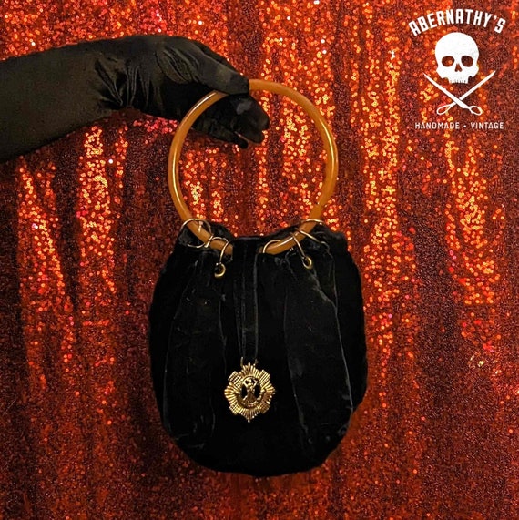Vintage 1950s Navy Velvet Bag: Lucite Handle & Royal Scots Badge 
