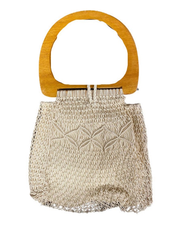 Vintage Off White 70s Macrame Handbag Woven Woode… - image 2