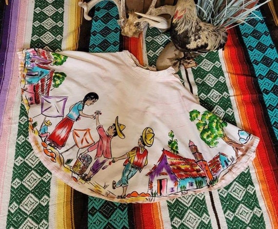 Vintage Mexico Souvenir Kid's Skirt 50s Handpaint… - image 1