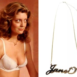 Rocky Horror Picture Show Movie Replica Janet Weiss Name Plate Necklace in Gold Susan Sarandon Cosplay Costume