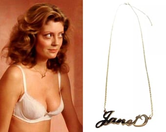 Rocky Horror Picture Show Movie Replica Janet Weiss Name Plate Necklace in Gold Susan Sarandon Cosplay Costume