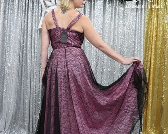 Vintage 1950's Medium Black Lace Overlay & Pink Satin A Line Prom Dress with Wide Straps