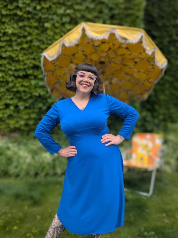 Vintage Volup 60s Long Sleeve Blue Polyester Dress XL Vintage Volup 60s Long Sleeve Blue Polyester Dress XL