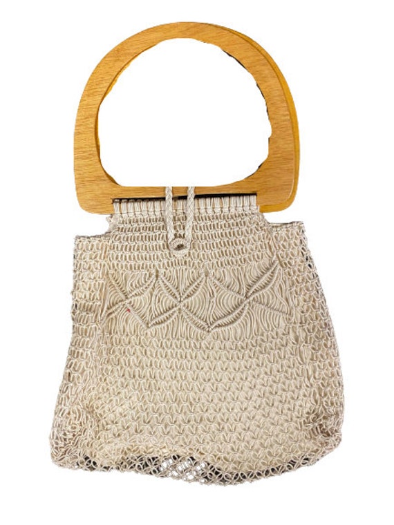 Vintage Off White 70s Macrame Handbag Woven Woode… - image 1