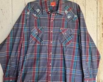 Unforgiven Upcycled Rose Blue Gray Plaid Western (Mens 2X)