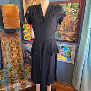 Vintage 40s Black Fishnet Cap-Sleeve Crepe Peplum Lapel V-Neckline Ruched Shoulder Midi Dress