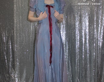 Vintage 1940's X-Small Blue Purple Satin Prom Dress with Quilted Bust, Bolero Lapels & Burgandy Velvet Bow Accent