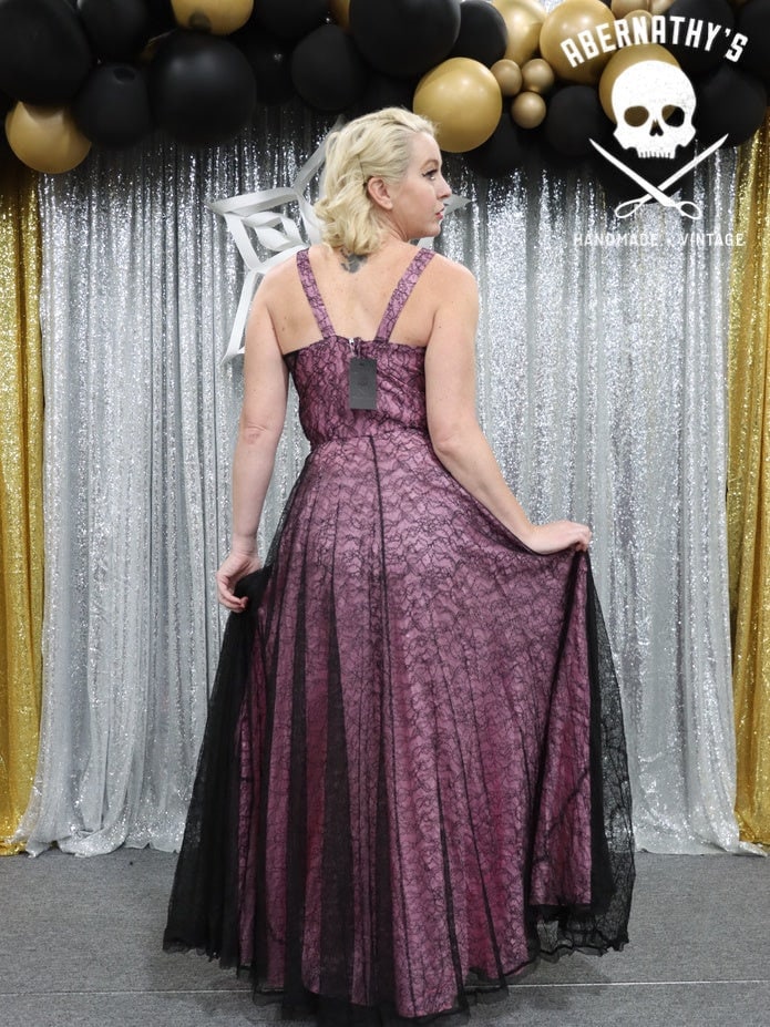 Vintage 1950's Medium Black Lace Overlay & Pink Satin A Line Prom Dress with Wide Straps