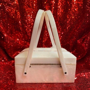 Vintage 1950&#39;s Lucite Celluloid Opaque Box Purse with Double Lucite Hinged Handles and Lid