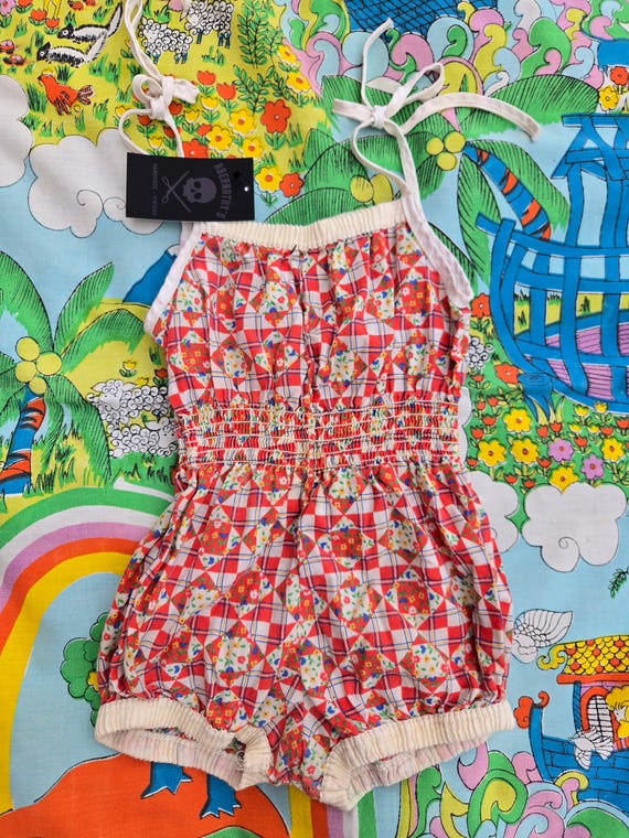 Vintage Children's Red White Blue Yellow Quilt Pattern 2T Playsuit Romper