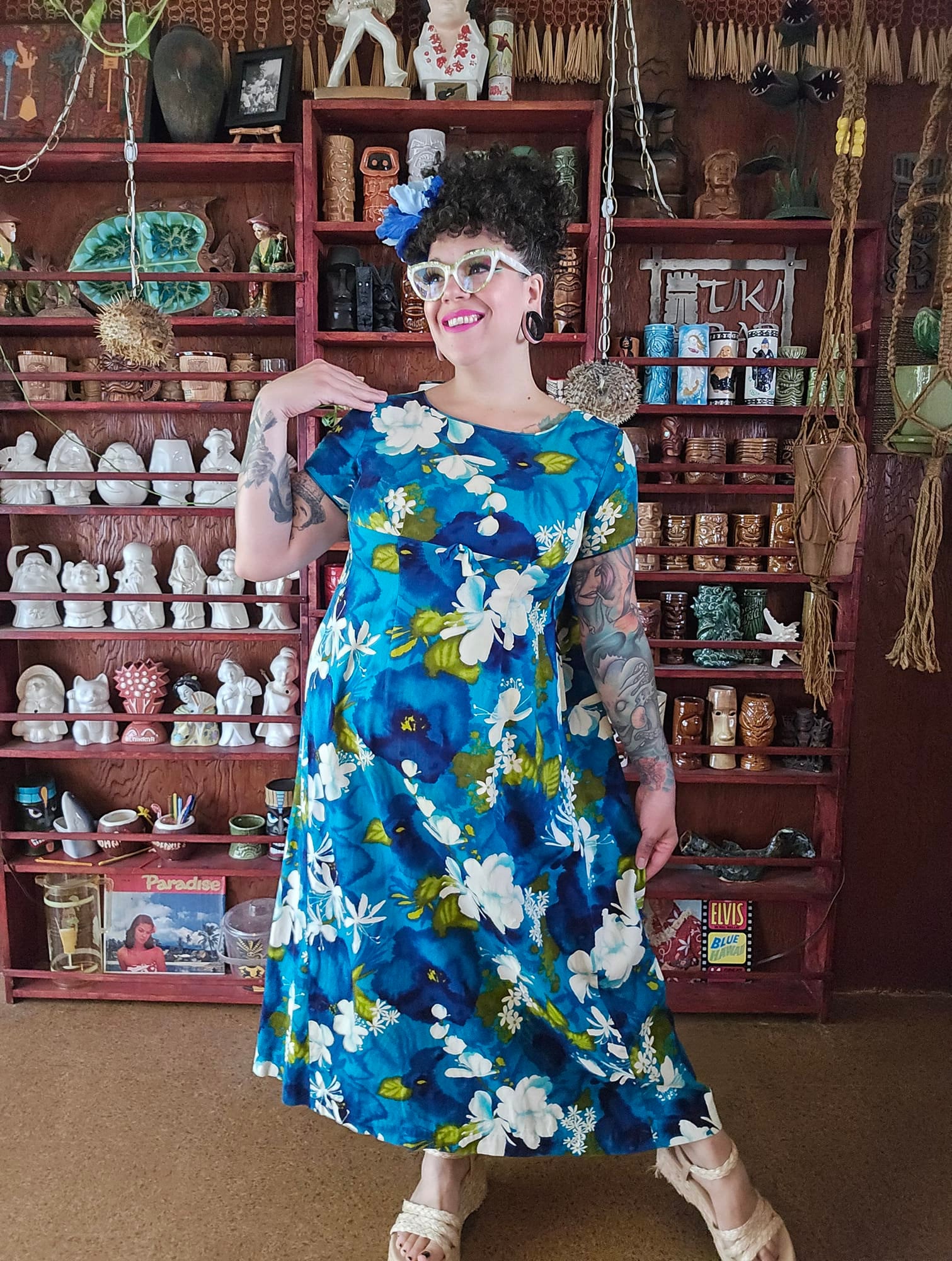 Vintage Blue, Green, and White Floral Tropical Waterfall Volup Plus Size Hostess Dress