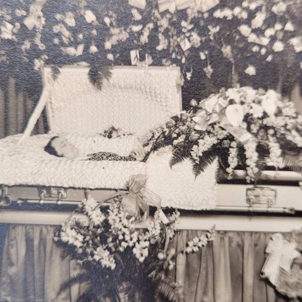 vintage Victorian Grief & Mourning Funeral Photo - Landscape of Woman in Casket bizarreries bizarreries post Mortem antique macabre lithograph print