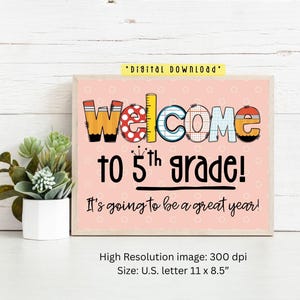 Welcome to 5th Grade Sign: Back to School Classroom Decor (Digital Download 11x8.5&quot;)