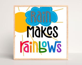 Póster para el aula "La lluvia crea arcoíris", arte mural infantil con temática meteorológica (descarga digital)