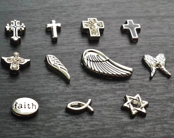 Religious Floating Locket Charm: Cross, Angel Wing, Faith (1 Piece) Size Vary