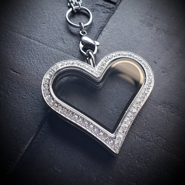 Silver Heart Floating Locket-Crystal Face-Stainless Steel-Option to Add Chain-Gift Idea