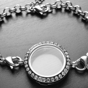 Medium Silver Floating Locket Bracelet- (25mm)-Crystal Face-Stainless Steel-Chain Included-Gift Idea for Women