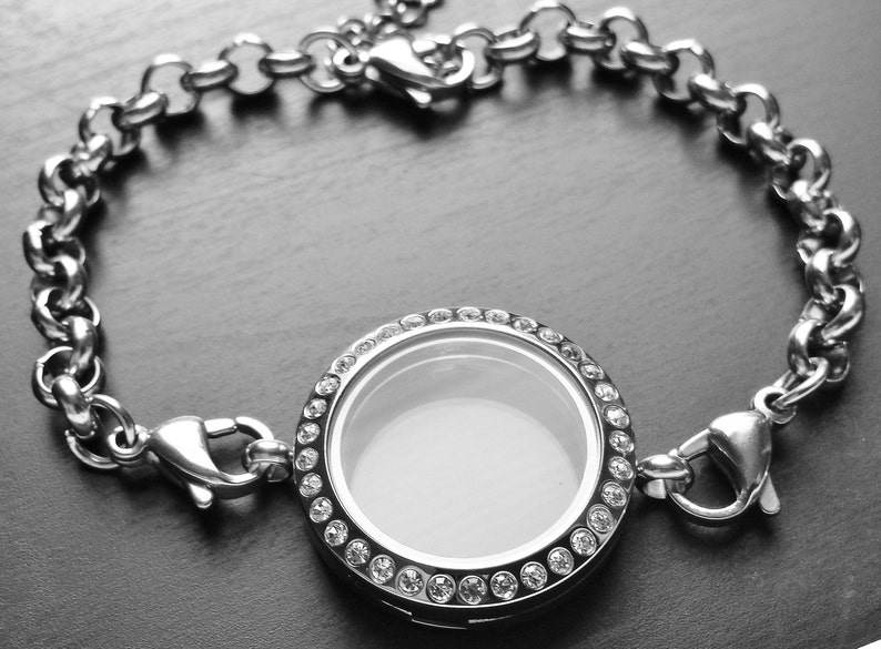 -Crystal Face-Stainless Steel-Chain Included-Gift Idea for Women 25mm Medium Silver Floating Locket Bracelet-