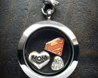 Super Mom Floating Locket Necklace-Includes Medium Stainless Steel Locket, Charms, & Chain-Gift Idea
