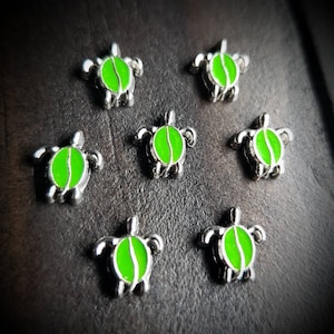 May include: Seven silver turtle charms with green enamel accents. Each turtle charm has a different design.