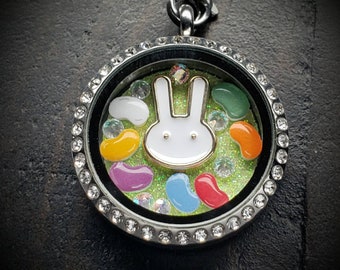 Easter Floating Locket Necklace-Bunny and Mini Jelly Beans-Easter Gift Idea