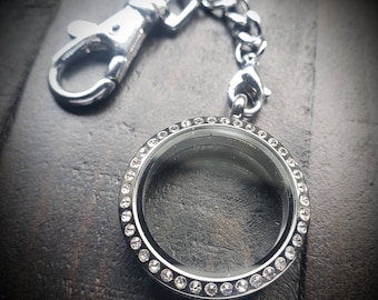 Large (30mm) Silver Floating Locket Keychain-Stainless Steel-Locket-Crystal Face-Twist On/Off Closure-Gift Idea