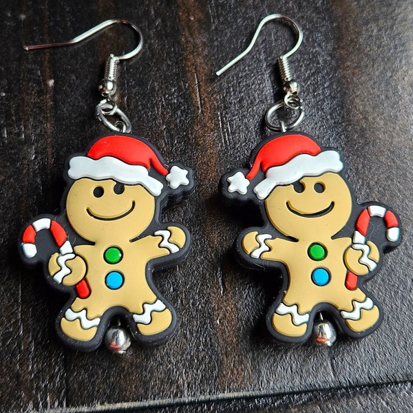 Gingerbread Man Earrings-Silicone and Stainless Steel Findings-Cute Holiday Dangle Earrings-Gift Idea