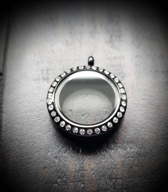 Medium (25mm) Black Floating Locket-Crystal/Twist Face-Option to Add Matching Chain-Gift Idea
