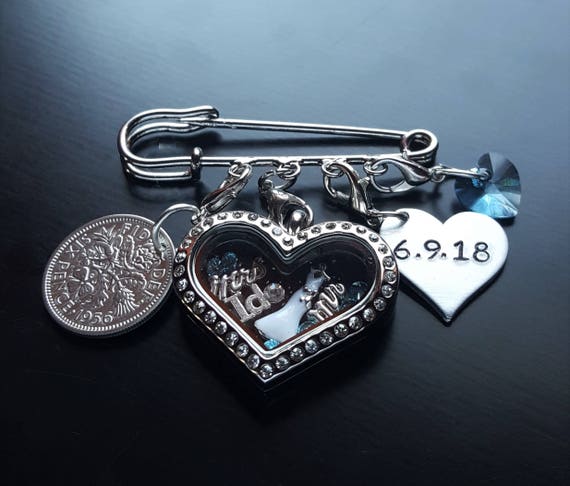 Wedding Tradition Pin Something Old Something New Something Borrowed Something Blue Gift For The Bride Swarovski Crystal Heart - 