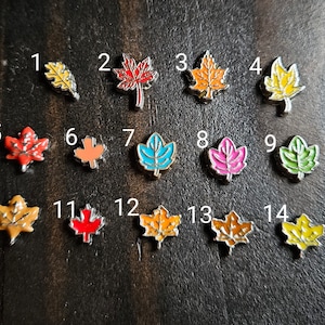 May include: Fourteen different colored enamel leaf charms, numbered 1 through 14. The charms are all in the shape of a maple leaf, with different colors and designs. The charms are all on a dark brown wooden surface.