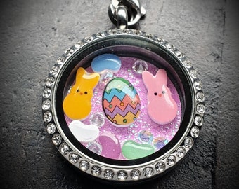 Easter Floating Locket Necklace-Peep Bunnies and Mini Jelly Beans-Locket, Charm and Chain Set-Easter Gift Idea