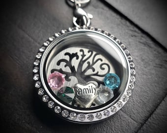 Family Tree Floating Locket Necklace-Personalize with up to 16 Birthstone Crystals-Great Gift Idea