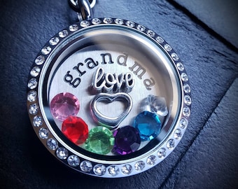 Grandma Floating Locket Necklace-Personalized with up to 12 Birthstone Crystals-Great Gift Idea for Grandmothers