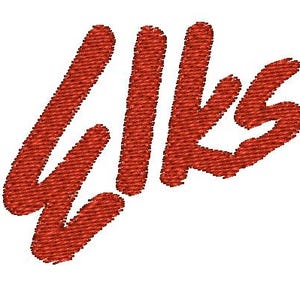 May include: Red embroidered text spelling out "LIKES" in a cursive font. The letters are stitched with a textured appearance, set against a clean white background. The design is simple and bold, suitable for various applications.