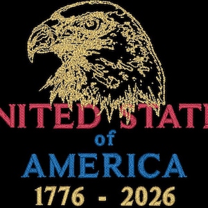 May include: Embroidered design featuring a golden eagle head above the words "UNITED STATES of AMERICA" in red and blue, with the years "1776 - 2026" in gold, all set against a black background.
