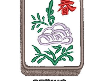May include: A white tile with a green plant, a purple cloud, and the Chinese character for "spring" in red. The tile is surrounded by a gray border. The word "SPRING" is written below the tile.