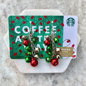 Red, Green and Silver Jingle Bell Sterling Silver Plated Drop Earrings on a Starbucks Gift Card