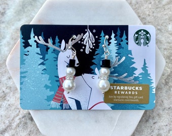 Glass Pearl Snowman with Swarovski Crystal and Blue Goldsonte Silver Plated Drop Earrings on a Starbucks Gift Card