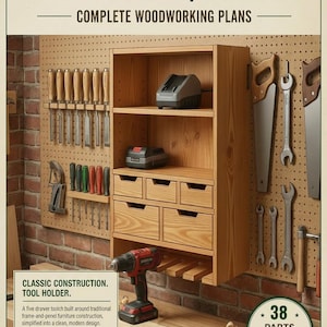 May include: A woodworking plan for a wooden tool holder with drawers, featuring the text CORNER STORE CRAFTS, TOOL HOLDER W/ DRAWERS, COMPLETE WOODWORKING PLANS, 38 PARTS, and detailed assembly instructions on a pegboard background.