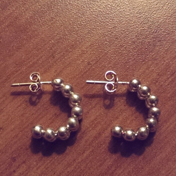 Vintage Small Sterling Silver Half Hoop Ball Earrings