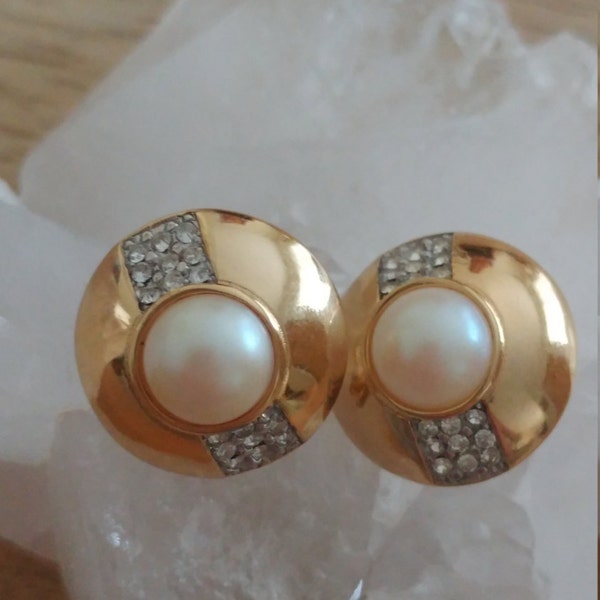 Beautiful Vintage Authentic Givenchy Paris New York Tiny Round Goldtone Rhinestones Faux Pearl Clip On Earrings