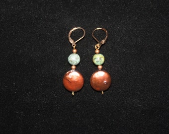 Copper Coin Pearl with African Turquoise earrings.