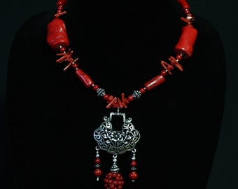 Red Coral necklace with silver flower basket pendant