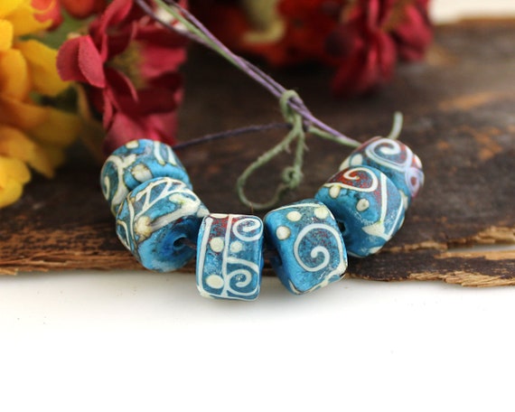 Lampwork SRA Southwestern rustic scroll enamel turquoise barrel rollo drop bead set