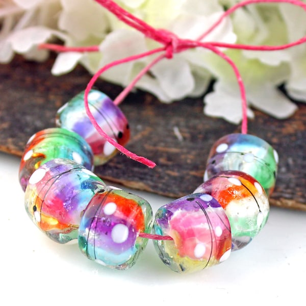 SRA Handmade lampwork beads "Rainbow glow" Fruit stripe series encased silver mica barrel drum rollo bead pair