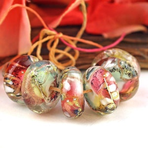 SRA Handmade lampwork beads &quot;&quot;Sweet Meadows&quot; encased silvered goldstone organic discs