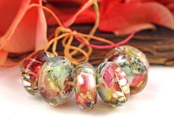 SRA Handmade lampwork beads ""Sweet Meadows" encased silvered goldstone organic discs