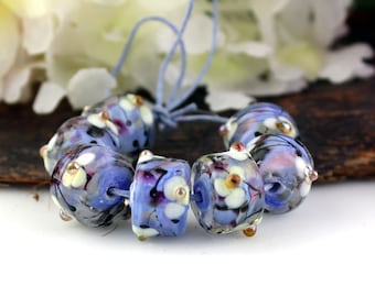 Handmade Lampwork Barrel Bead Pair: Purple, White, and Gold Vintage Bloom