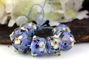 SRA Handmade lampwork beads "Purple & white with gold" VINTAGE BLOOM series barrel drops rollo bead set